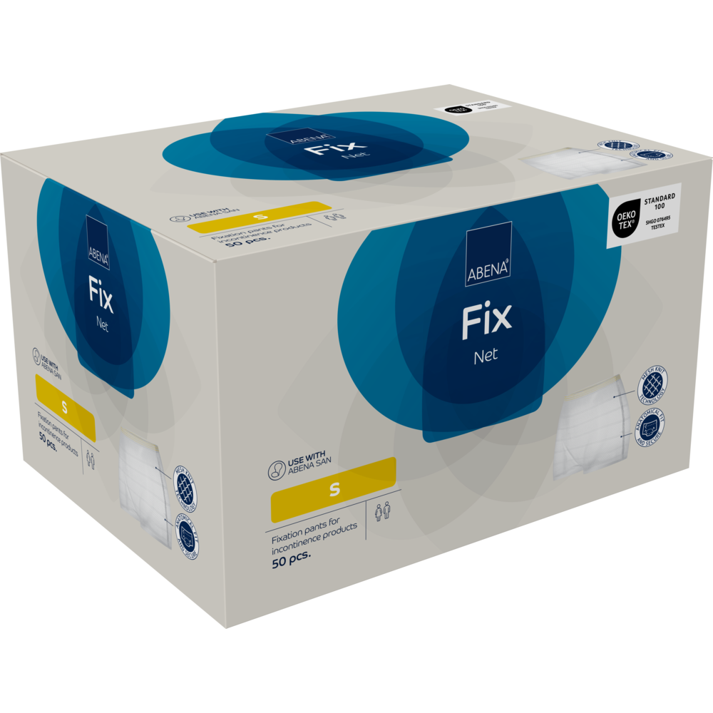 A box with 50 Abena Re-Seller GmbH fixing pants, ABENA Fix, Net in size S. The light gray packaging with blue accents shows product infos and certification logos - ideal incontinence products for secure, comfortable fixing.