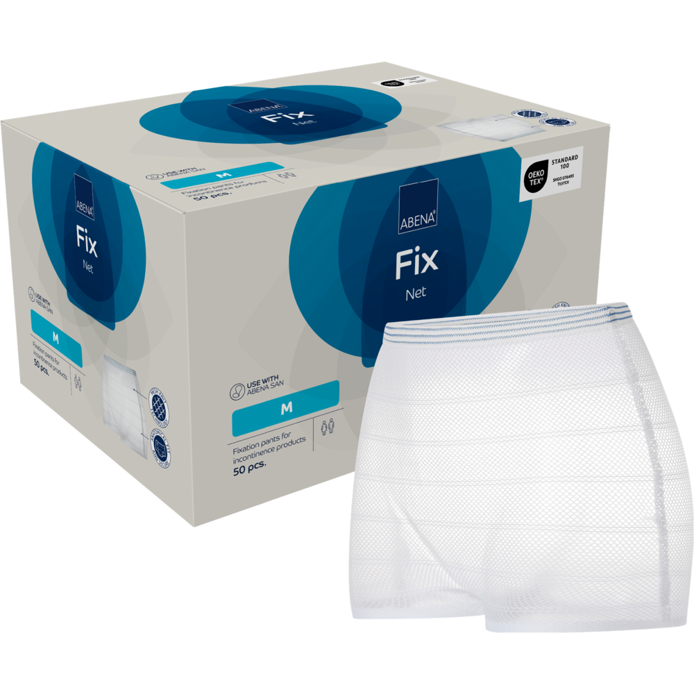 Pictured is a box of fixing pants, ABENA Fix, Net by Abena Re-Seller GmbH (size medium) with a pair of white mesh fixing pants in the foreground. The branded box contains 50 pieces and features clear product labeling.