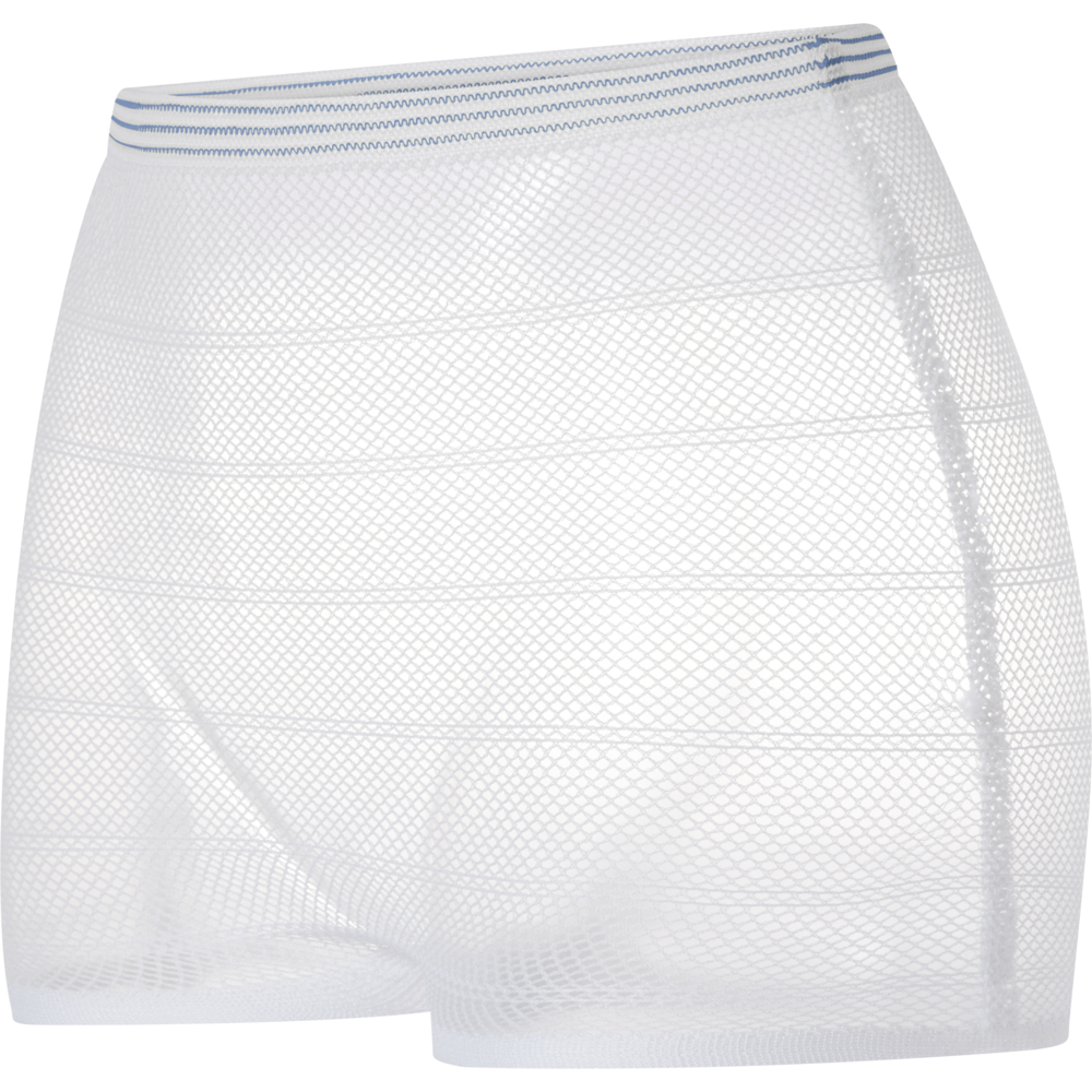 A pair of white fixing pants, ABENA Fix, Net by Abena Re-Seller GmbH with a blue striped elastic waistband. Depicted on a plain white background, they offer secure and comfortable hold as incontinence products.