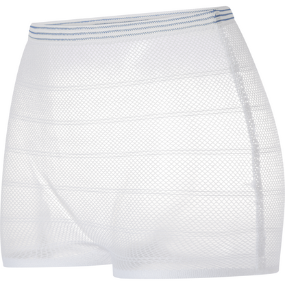 A pair of white fixing pants, ABENA Fix, Net by Abena Re-Seller GmbH with a blue striped elastic waistband. Depicted on a plain white background, they offer secure and comfortable hold as incontinence products.