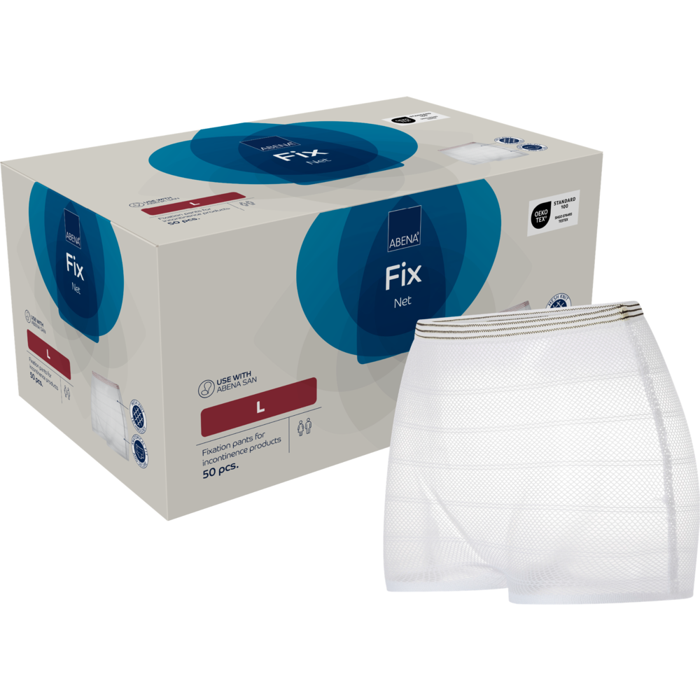 A box of fixing pants, ABENA Fix, Net by Abena Re-Seller GmbH large format for fixing incontinence products, with product name, size, and application instructions; a sample of the white mesh pant is shown in front.