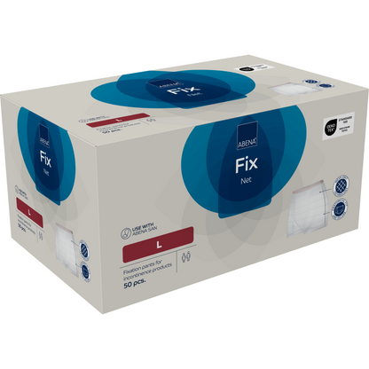 A rectangular beige box with fixing pants, ABENA Fix, Net from Abena Re-Seller GmbH, size L, contains 50 pieces for use with incontinence products. The packaging shows product images and application symbols.