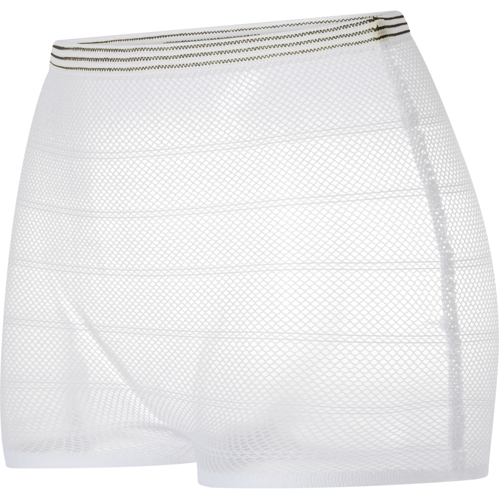 The Abena Re-Seller GmbH fixing pants ABENA Fix Net are white, high-waisted mesh shorts with a black-gold striped waistband, providing a secure and comfortable fit as sheer ABENA Fix incontinence products.