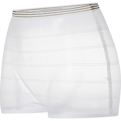 The Abena Re-Seller GmbH fixing pants ABENA Fix Net are white, high-waisted mesh shorts with a black-gold striped waistband, providing a secure and comfortable fit as sheer ABENA Fix incontinence products.