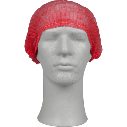 The head of a mannequin wears a red clip cap from Abena Re-Seller GmbH, PP, which provides hygienic protection in the medical field or gastronomy. The cap fits securely and completely covers the top and sides of the head.