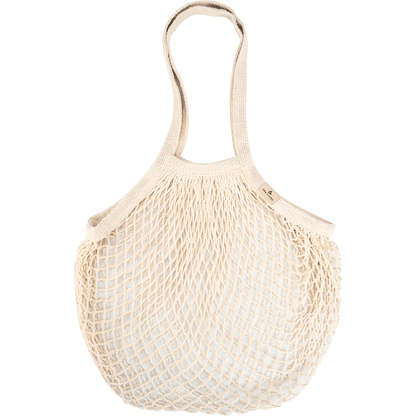 The ENA Living shopping net from Abena Re-Seller GmbH (box with 24 packs), beige and reusable with two handles, is presented empty against a white background - ideal for environmentally conscious shopping.