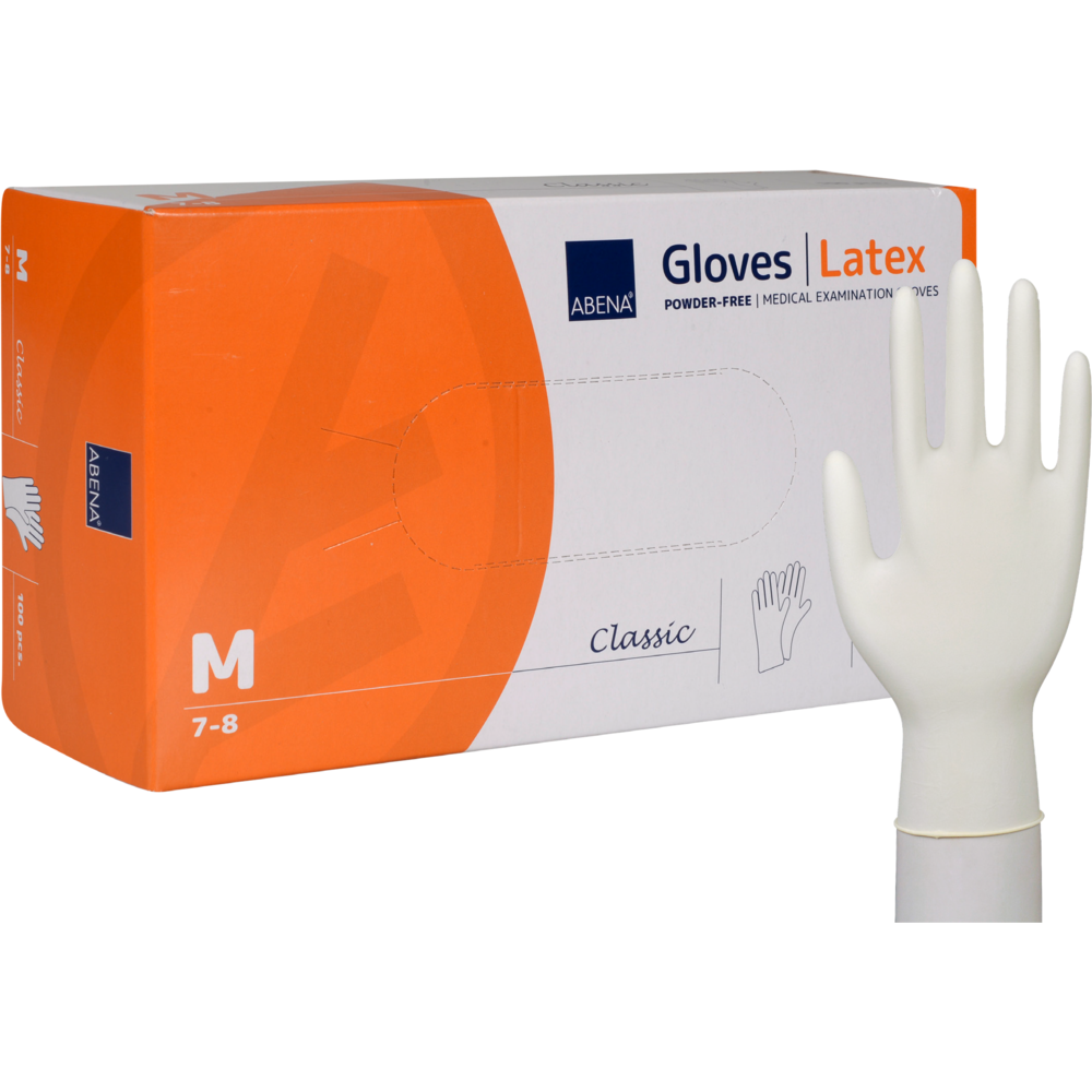 Eine Packung Abena Re-Seller GmbH Latex-Handschuhe Classic, puderfrei, Natur, Größe Medium (7-8); ein weißer Handschuh steht aufrecht vor der überwiegend weiß-orangen Verpackung.