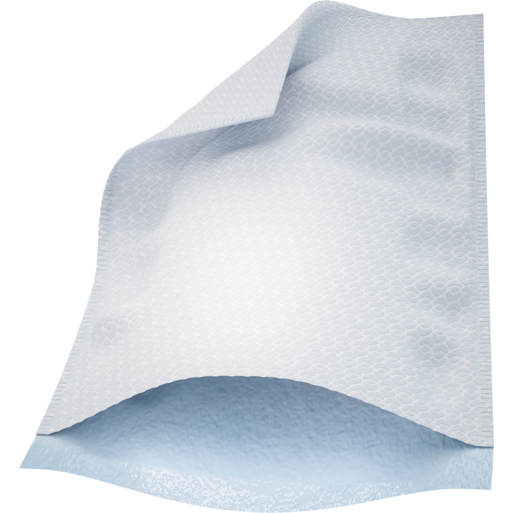 Eine Einwegunterlage der Abena Re-Seller GmbH (16x23 cm, Airlaid/PE, weiß, Packung mit 50 Paar) mit einer strukturierten Oberseite und einer blauen, wasserdichten Rückseite - hier teilweise angehoben, um die Schichten zu zeigen; perfekt für die Verwendung mit Waschhandschuhen.