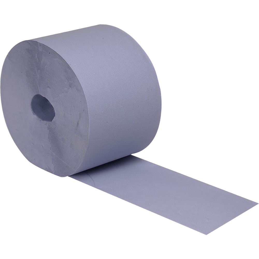 Depicted is a large, 2-ply blue workshop roll (21.2 cm x 360 m) from Abena Re-Seller GmbH with a slightly textured surface and a part of the roll that is unrolled flat in front; available as a box with 2 packs.