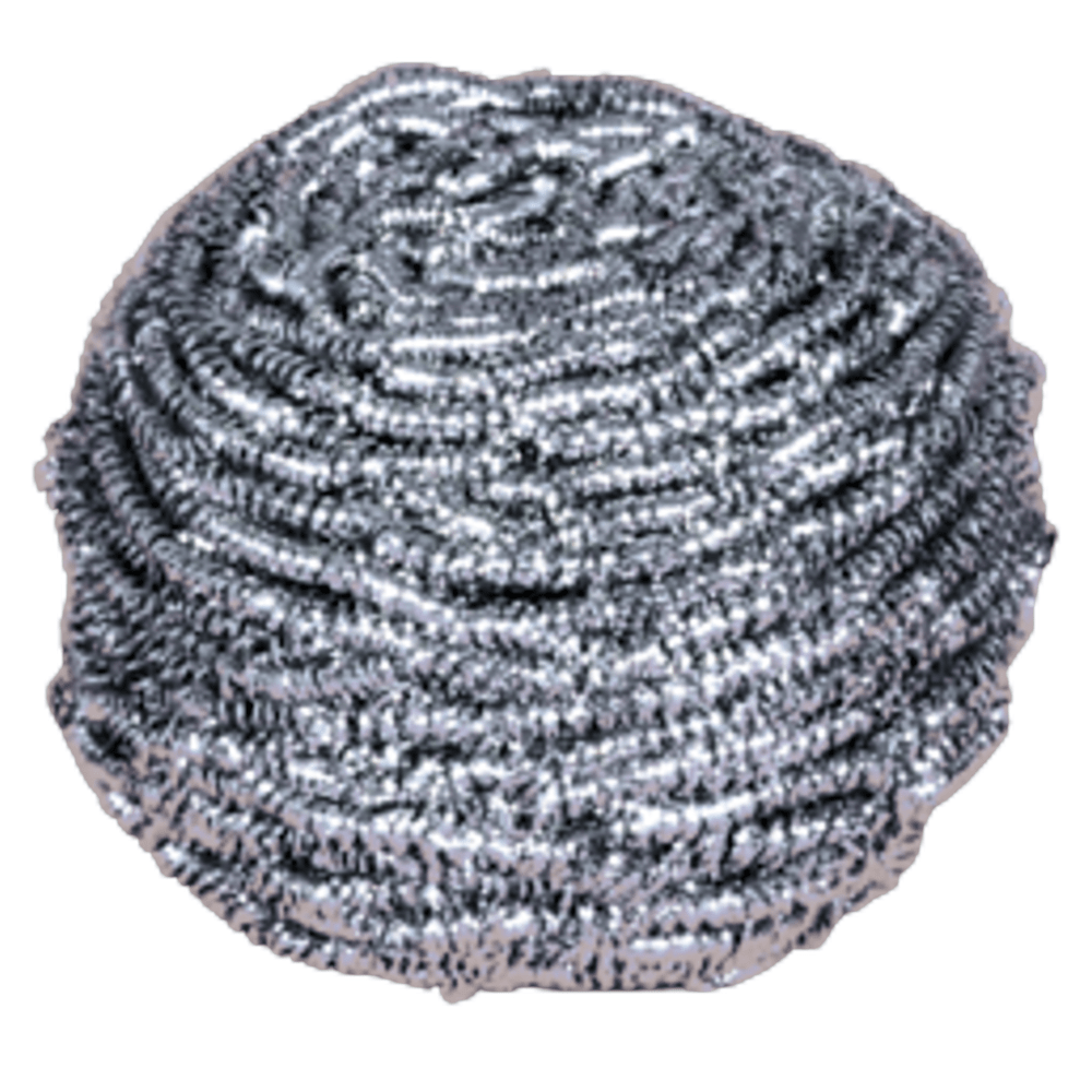 Close-up of an Abena Re-Seller GmbH stainless steel spiral, 60 g, package (10 pieces): a round silver scouring pad made of tightly wound metal threads for cleaning, depicted against a white background.