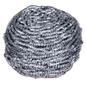 Close-up of an Abena Re-Seller GmbH stainless steel spiral, 60 g, package (10 pieces): a round silver scouring pad made of tightly wound metal threads for cleaning, depicted against a white background.