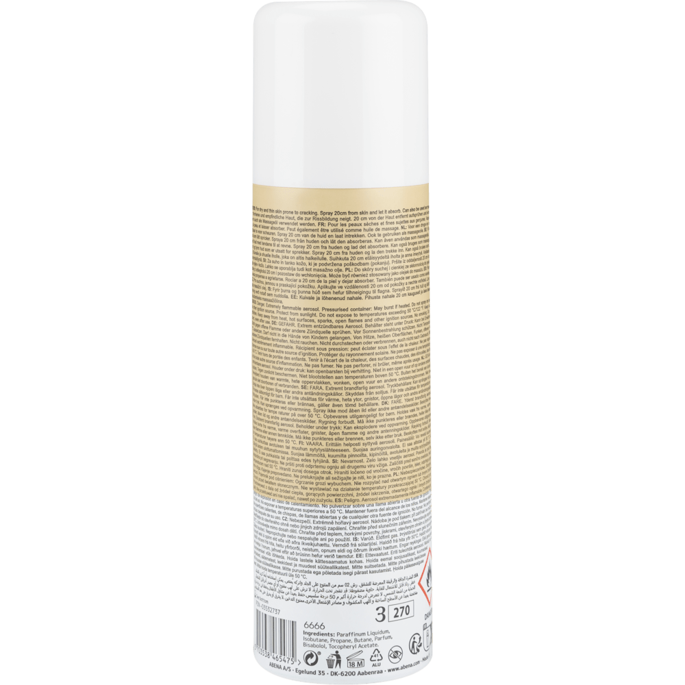 Oil spray, lightly perfumed (200 ml) by Abena Re-Seller GmbH, standing upright with a white cap and a detailed back label with instructions, warnings, and recycling information. Sold in cartons of 12 pieces.