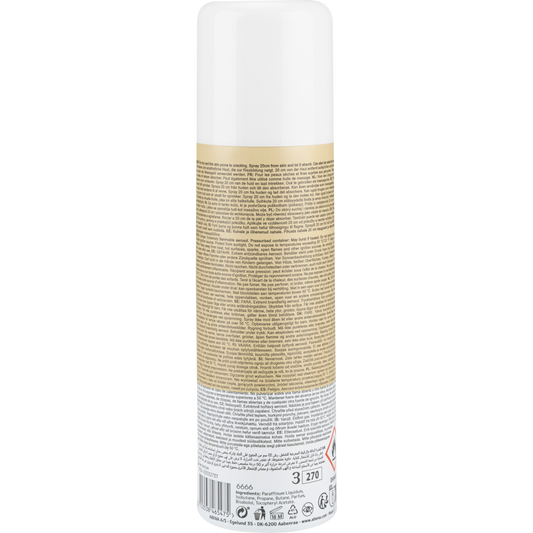 Ölspray, leicht parfümiert (200 ml) von Abena Re-Seller GmbH, aufrecht stehend mit weißer Kappe und einem detaillierten Rückenetikett mit Anweisungen, Warnhinweisen und Recyclinginformationen. Verkauft in Kartons zu 12 Stück.