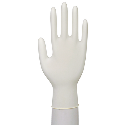 Ein einzelner "Latex-Handschuh Classic, Puderfrei, Natur" von Abena Re-Seller GmbH ist aufrecht und handförmig präsentiert - die Handfläche zeigt nach vorne, Finger gespreizt - perfekt für medizinische Einrichtungen vor weißem Hintergrund.