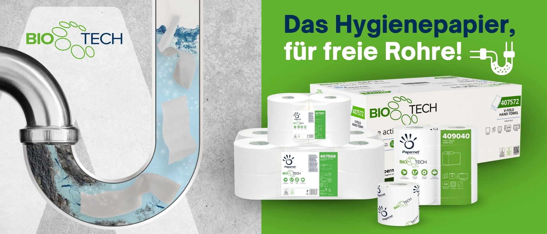 Werbebanner für Papernet BIO Tech Hygienepapier mit dem Slogan „Das Hygienepapier, für freie Rohre!“. Links im Bild ein Abflussrohr mit Wasser und sich auflösendem Toilettenpapier. Rechts daneben mehrere Rollen und Verpackungen des BIO Tech Hygienepapiers vor einem grünen Hintergrund.