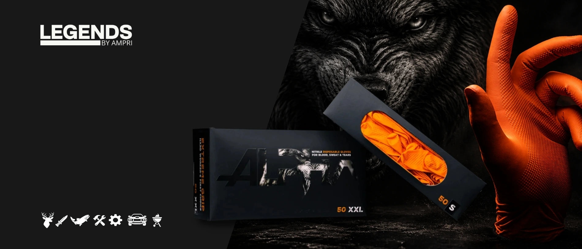 AMPri Legends orange Nitril-Einmalhandschuhe vor schwarzem Hintergrund mit Gorilla-Motiv und Produktverpackung.
