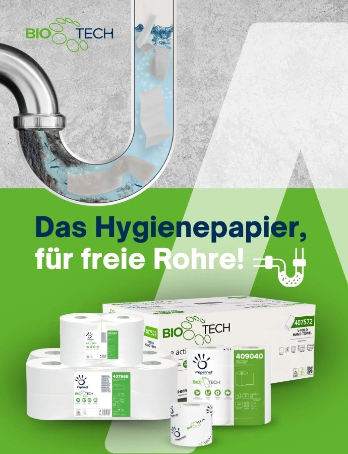 Werbebild für Papernet BIO Tech Hygienepapier mit dem Slogan „Das Hygienepapier, für freie Rohre!“. Oben links ist ein Rohr zu sehen, in dem sich Papier im Wasser auflöst. Unten im Bild stehen mehrere Rollen und Kartons des BIO Tech Hygienepapiers auf grünem Hintergrund, daneben das BIO Tech Logo.