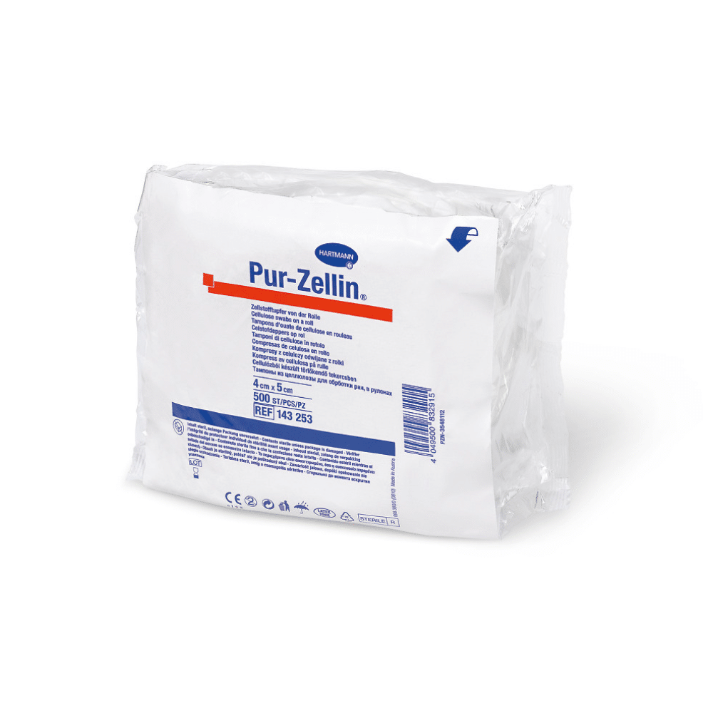 A sealed package of Hartmann Pur-Zellin® cell swabs 4 x 5 cm by Paul Hartmann AG with product information and barcode, isolated on a white background.