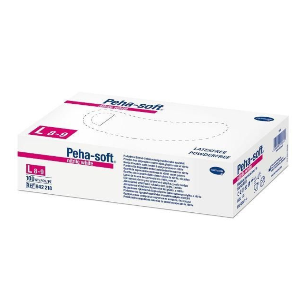 A box of Hartmann Peha-soft® nitrile gloves from Paul Hartmann AG is shown. The packaging in size L 8-9 contains 100 powder and latex-free gloves in a mix of white, blue, and pink tones with elegantly printed detailed product information.