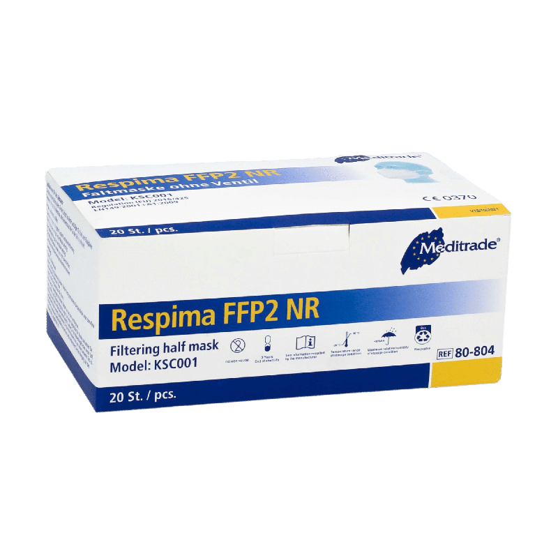 A box of Meditrade Respima FFP2 respirator masks is presented against a plain background. The white box with blue details shows that it contains 100 pieces and prominently displays the brand name Meditrade GmbH, known for personal protective equipment, in the upper right corner.