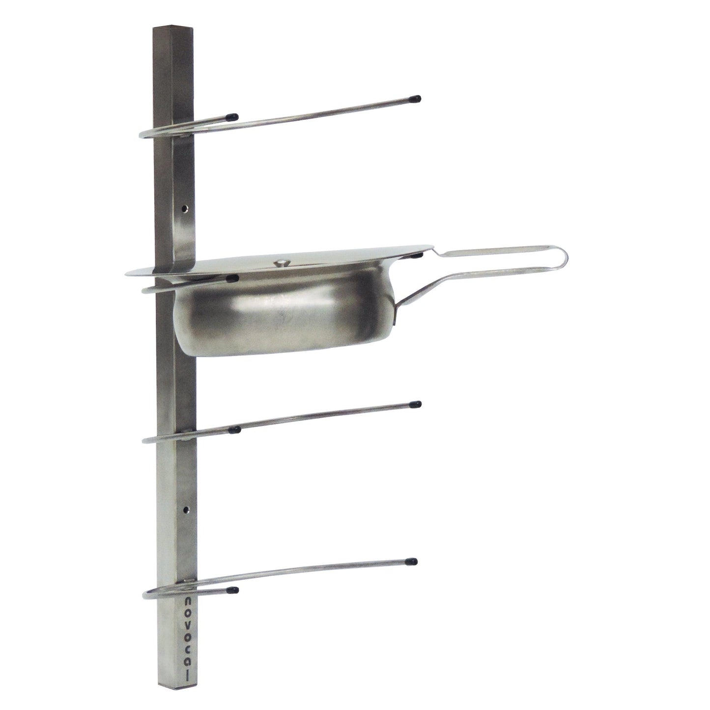 The Novocal stainless steel wall bracket for 4 washbasins (225 x 240 x 650 mm) is ideal for washbasin storage in professional care facilities and features the "novocal" lettering on the bracket.