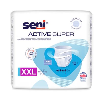 A 10-pack of Seni Active Super incontinence pants XXL (waist size 140-190 cm) from TZMO Deutschland GmbH for bladder weakness, with AIR breathable technology, dryness protection, and quality label on a white background.