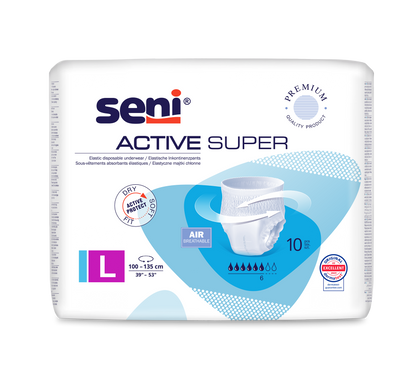 A pack of Seni Active Super incontinence pants from TZMO Deutschland GmbH, size LL (100-135 cm), with product images, "breathable" and symbols for liquid absorption - perfect for people with bladder weakness.