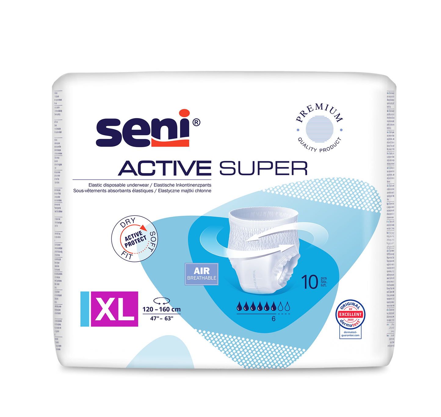 The Seni Active Super incontinence pants from TZMO Deutschland GmbH offers size XL (120-160 cm), 10 drops of absorbency, breathability, and effective protection for bladder weakness. It has a blue-white design with product images.