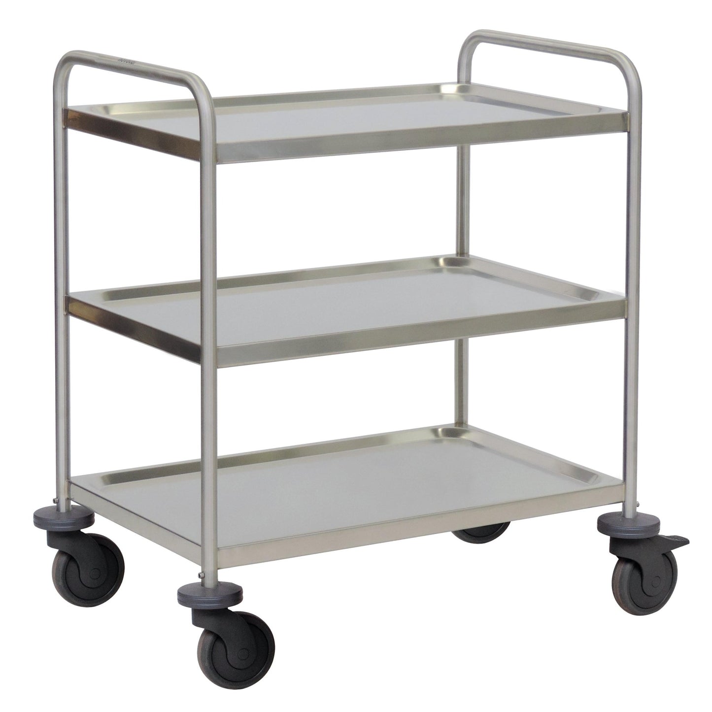 The Novocal stainless steel multipurpose cart with 3 shelves, 2 push handles, 4 bumpers, and 4 smooth-running wheels is ideal for transporting items in kitchens or hospitals. Package: 1 piece.