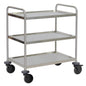 The Novocal stainless steel multipurpose cart with 3 shelves, 2 push handles, 4 bumpers, and 4 smooth-running wheels is ideal for transporting items in kitchens or hospitals. Package: 1 piece.