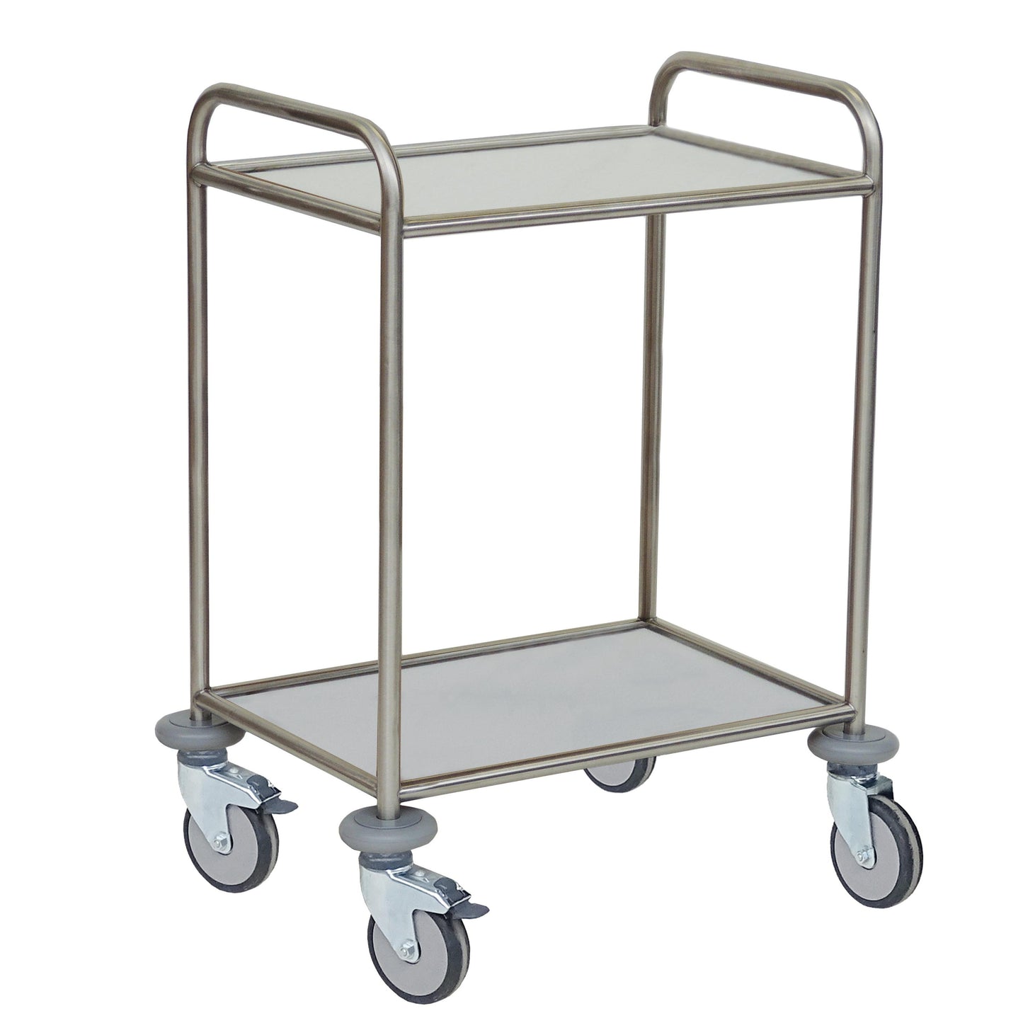 Der Novocal Mehrzweckwagen verfügt über einen Edelstahlrahmen, zwei solide Kernböden, die wasser-, hitze- und desinfektionsmittelbeständig sind, sowie vier Lenkrollen und zwei Griffe - ideal für den effizienten Transport von Gegenständen.