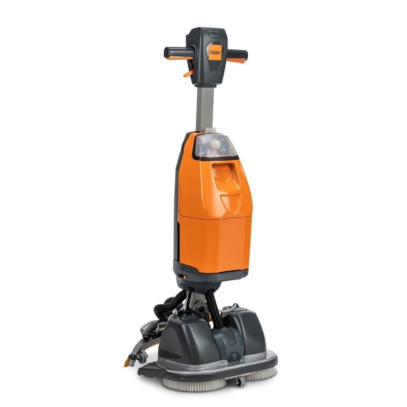 The TASKI swingo 250µicro RTU from Diversey Deutschland GmbH & Co. OHG is a compact scrubber-dryer, a superior alternative to manual cleaning. The starter set includes the machine, 2 batteries, a charger, and 2 brushes for brilliant results.