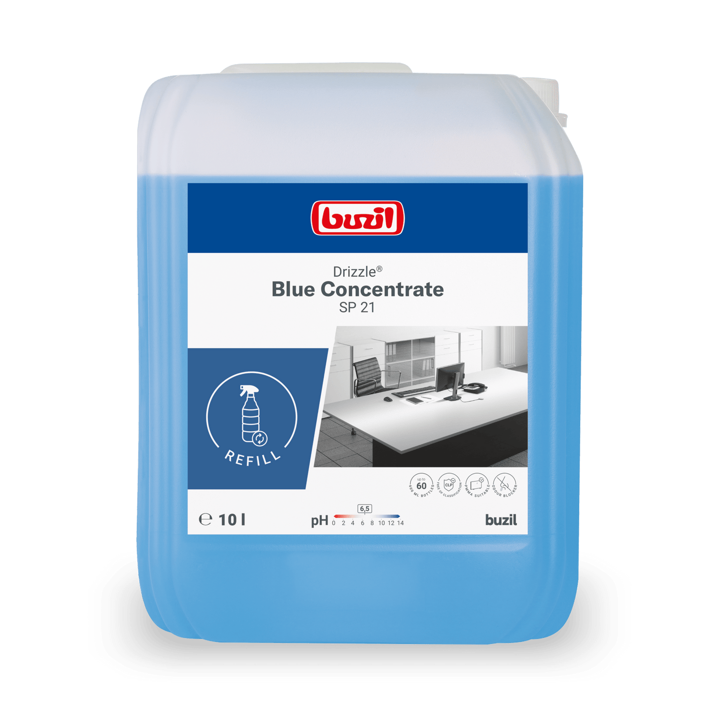A 10-liter Drizzle® Blue Concentrate Universal Cleaner blue canister from BUZIL-WERK Wagner GmbH & Co. KG, with a blue label, refill symbol, pH 7 symbol, and safety instructions on the packaging.