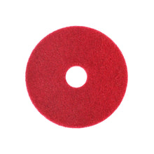 Ein rotes, kreisförmiges Arcora SUPERPAD ROT Reinigungspad der Arcora International GmbH mit einem Mittelloch zur effektiven Bodenreinigung, abgebildet auf weißem Hintergrund.