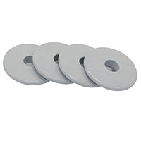 Vier graue Novocal Stoßscheiben für Mehrzweckwagen (1 Satz = 4 Stück) von Novocal liegen leicht überlappend auf einem weißen Hintergrund. Jede Scheibe hat ein zentrales Loch, ideal als Ersatzteil für Ihre Ausrüstung.