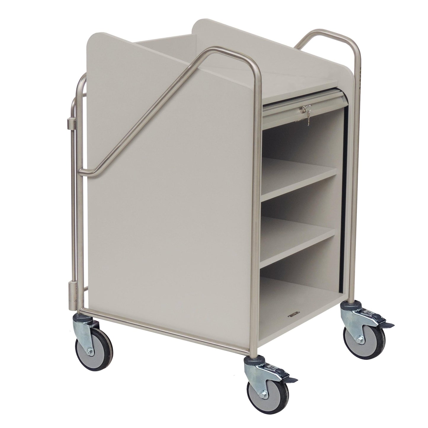 A Novocal stainless steel station cart with fully welded tubular connections, three shelves, handle bar, and lockable roller shutter. Four swivel casters ensure mobility - ideal for medical facilities. Package: 1 piece.