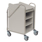 A Novocal stainless steel station cart with fully welded tubular connections, three shelves, handle bar, and lockable roller shutter. Four swivel casters ensure mobility - ideal for medical facilities. Package: 1 piece.