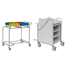 Abgebildet sind zwei Stationswagen: Links ist ein Novocal Stationswagen Rahmen Edelstahl mit drei farbigen Behältern und Rädern; rechts ist ein weißer, geschlossener, robuster Novocal Stationswagen mit Regalen und großen Rädern.