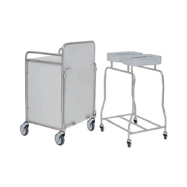 Pictured are two Novocal stainless steel station trolleys: a closed professional model with solid panels and handles, and the frame version with an exposed frame, two upper brackets, fully welded round connections. Both have four wheels for mobility.