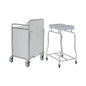 Pictured are two Novocal stainless steel station trolleys: a closed professional model with solid panels and handles, and the frame version with an exposed frame, two upper brackets, fully welded round connections. Both have four wheels for mobility.