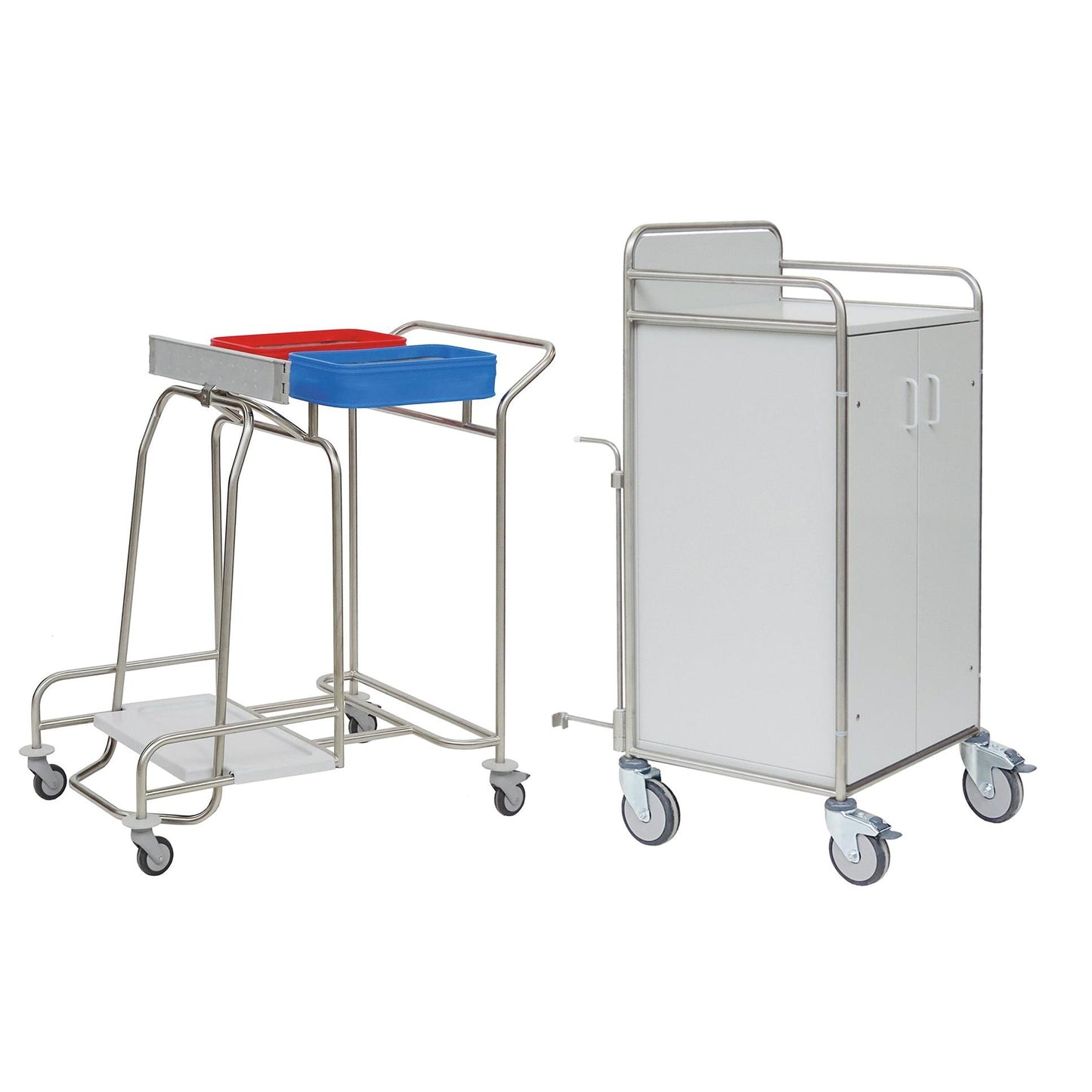 Pictured are two medical carts: a Novocal stainless steel station cart with fully welded pipe connections and two containers, as well as a white rolling cabinet with doors and a metal handle. Brand: Novocal.