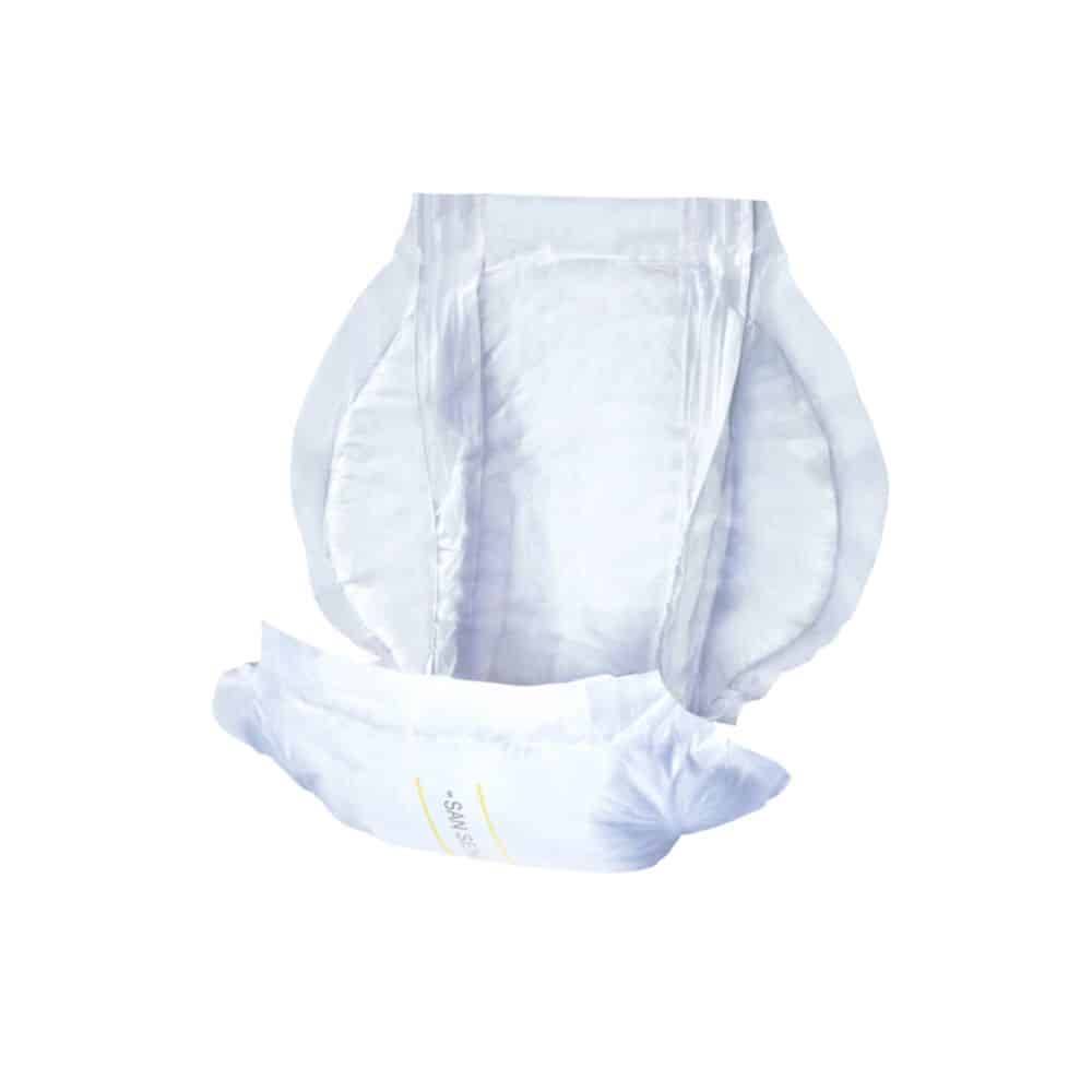 An image of an open, unused adult diaper with side panels and elastic leg cuffs for optimal wearing comfort. The San Seni Prima Incontinence Pad | Pack (30 pieces) from TZMO Deutschland GmbH is white with a light blue and yellow stripe in the middle, indicating the absorption area for bladder weakness.