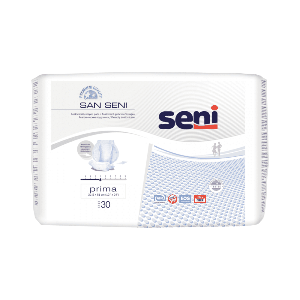 Packaging of adult diapers from the brand TZMO Deutschland GmbH with the label "San Seni Prima Incontinence Pad | Pack (30 pieces)" and "Premium Quality". The pack contains 30 anatomically shaped diapers made of breathable material. The logo highlights features such as EDS, leak protection, and odor control, ensuring wearing comfort for bladder weakness.