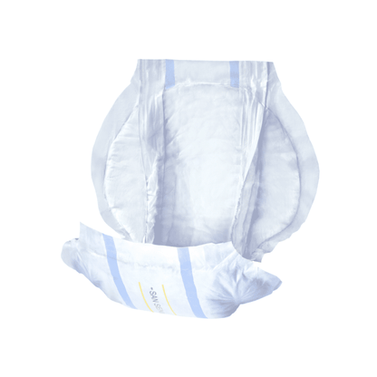 An adult diaper with elastic leg cuffs and adhesive strips, designed for bladder weakness, isolated on a white background by Seni San Uni incontinence pad from TZMO Deutschland GmbH.