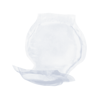 An isolated image of a San Seni V normal absorbent fleece pad disposable diaper for fecal incontinence, unfolded and facing forward, on a white background. Brand: TZMO Deutschland GmbH