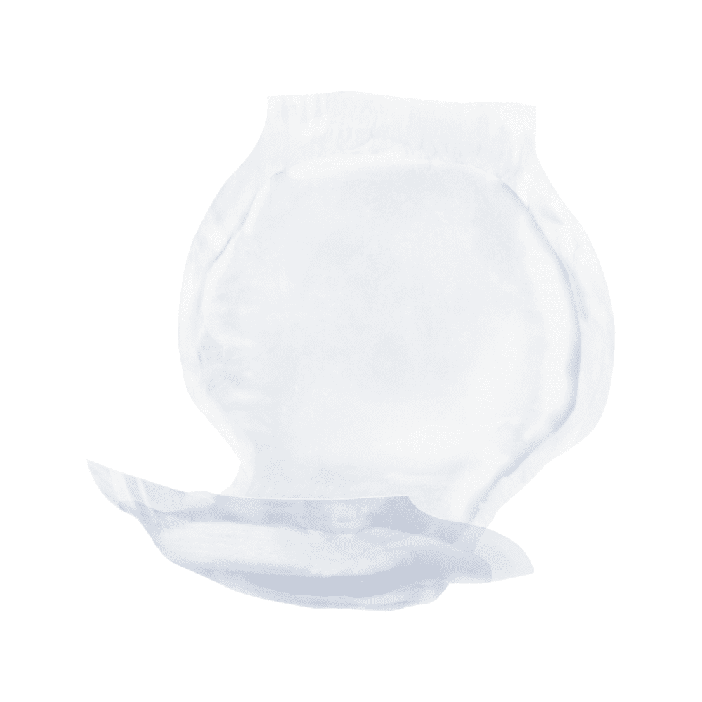 A translucent image of an absorbent Seni V maxi fleece pad isolated on a white background. The diaper designed for fecal incontinence is partially unfolded and shows its inner absorbent layer by TZMO Deutschland GmbH.