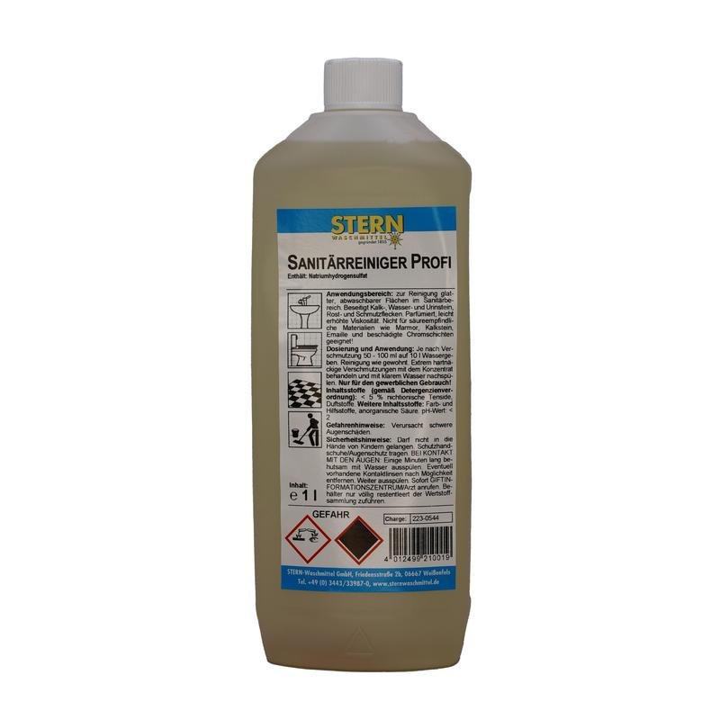 The 1-liter bottle of STERN Professional Sanitary Cleaner from Stern Waschmittel GmbH has a white cap, a German label with instructions for bathroom cleaning, safety instructions, and hazard symbols, and contains a light yellow liquid that acts as a limescale remover.