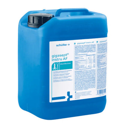 Large blue plastic container with label detailing and instructions for Schülke gigasept® instru AF instrument disinfectant (aldehyde-free), used for instrument disinfection of surgical instruments by Schülke & Mayr GmbH.