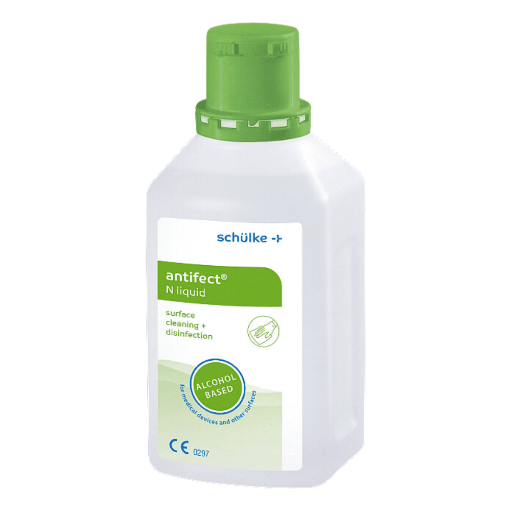 A bottle of Schülke antifect® N Liquid Surface Disinfection by Schülke & Mayr GmbH with a white label and green accents, featuring symbols for biological hazard and environmental safety.