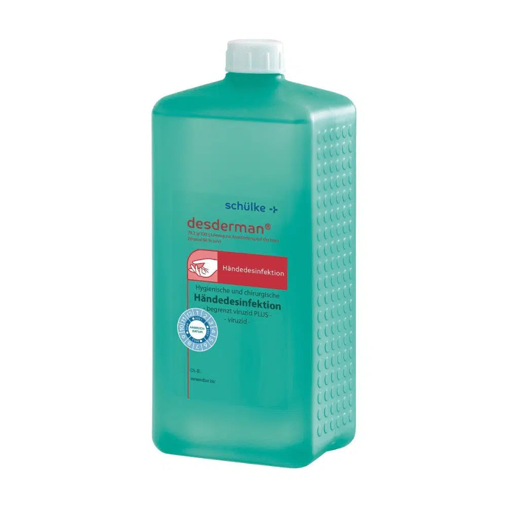 A bottle of Schülke desderman® hand disinfectant (without dye/fragrance), virucidal, by Schülke & Mayr GmbH in a blue-green 1-liter container with labels in German, certification seals, and a white cap.
